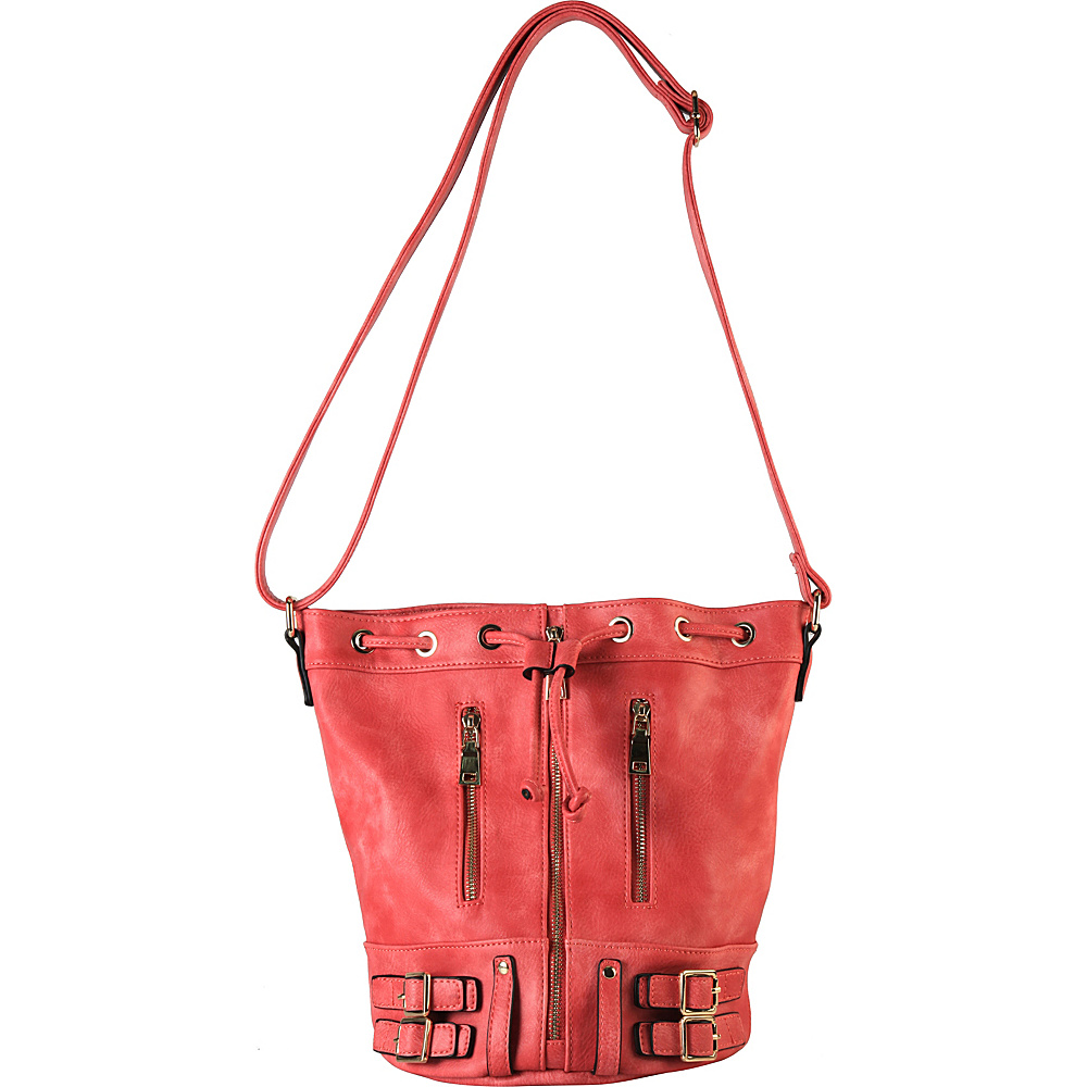 Diophy Front Zipper Buckle Decor Bucket Handbag Accented with Magnet and Drawstring Closure Red Diophy Manmade Handbags