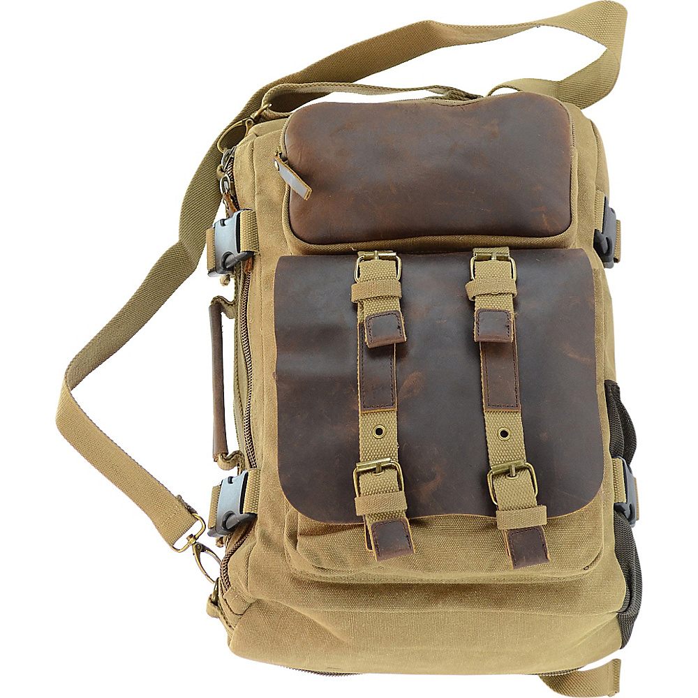 R R Collections Canvas Leather Convertible Backpack Briefcase KHAKI R R Collections Non Wheeled Business Cases