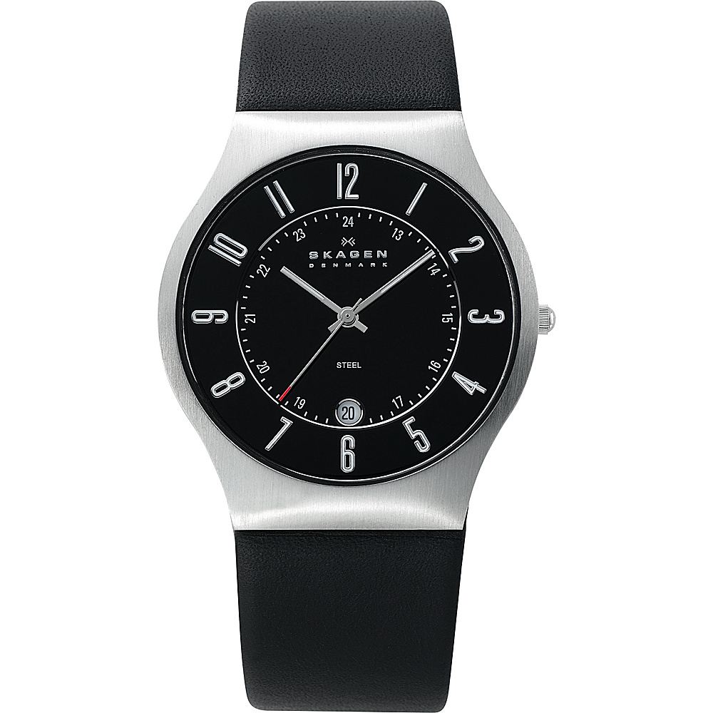 Skagen Black Leather and Steel Watch Black Silver Skagen Watches