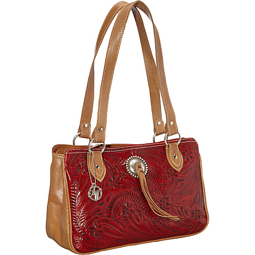 American West True Colors 3 Compartment Zip-top Tote Distressed Crimson / Tan - American West Leather Handbags