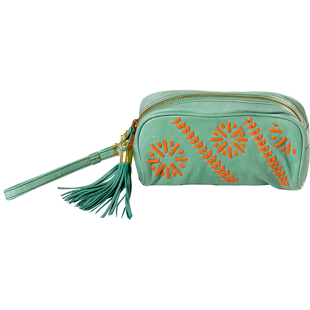 Clava Carmel Whipstitch Wristlet Green Orange Clava Leather Handbags