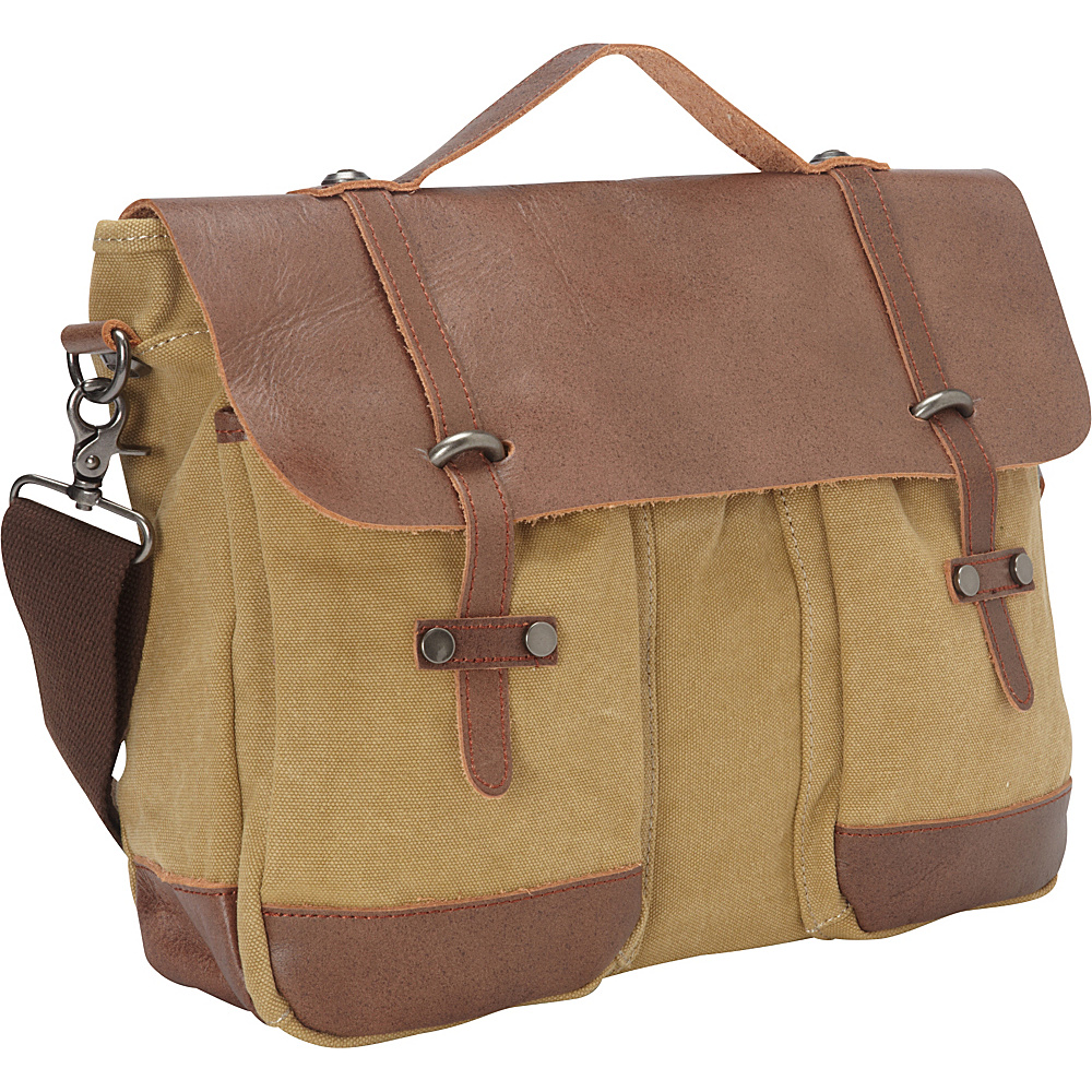 Vagabond Traveler Casual Style Cowhide Leather Cotton Canvas Messenger Laptop Bag Khaki Vagabond Traveler Messenger Bags