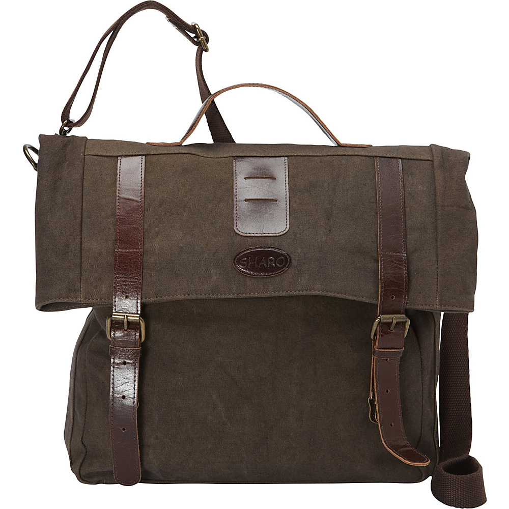 Sharo Leather Bags Leather and Canvas Messenger Bag Brown and Green Two Tone Sharo Leather Bags Messenger Bags