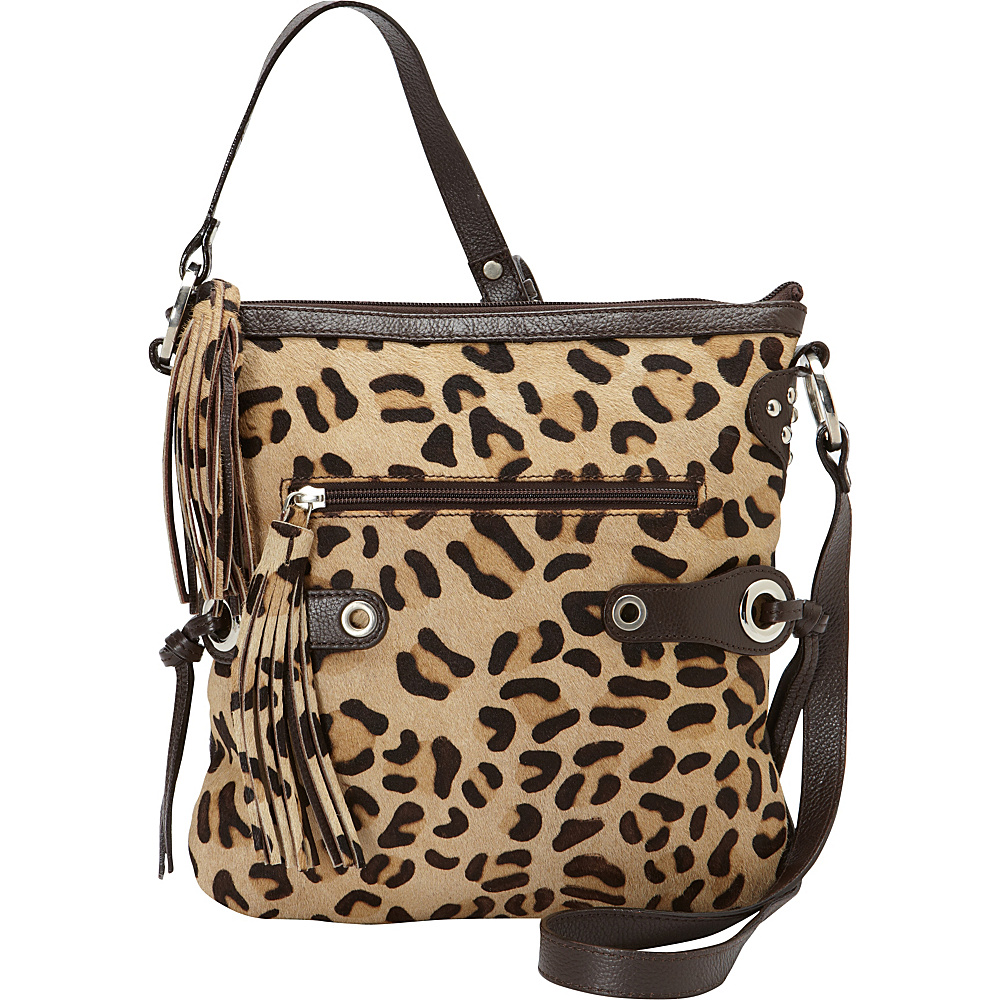 Scully Leopard Print Crossbody with Fringe Brown Scully Leather Handbags