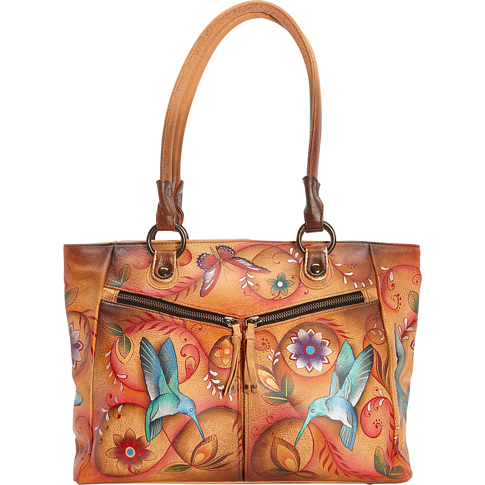 Anuschka Hand Painted Large Shopper with Front Pockets Flying JewelsÂ âÂ Tan Anuschka Leather Handbags