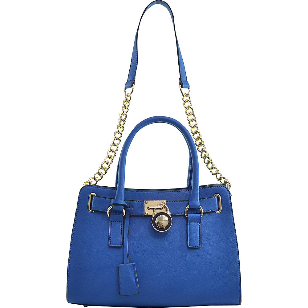Dasein Medium Saffiano Faux Leather Satchel with Chain Shoulder Strap Blue Dasein Manmade Handbags