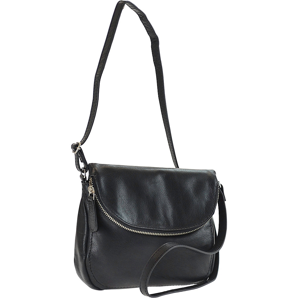 R R Collections Genuine Leather Flap With Metal Zipper Pocket Crossbody Bag Black R R Collections Leather Handbags