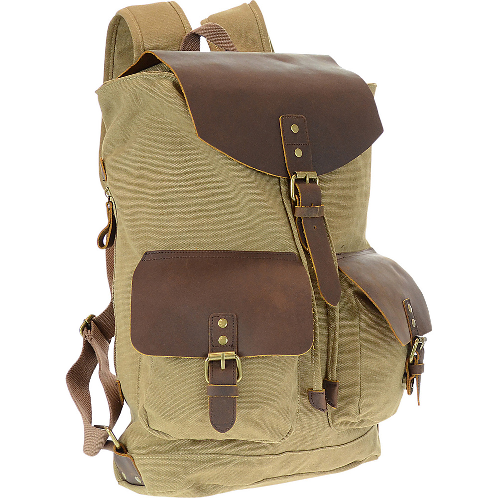 R R Collections Genuine Leather Canvas Backpack Khaki R R Collections Everyday Backpacks