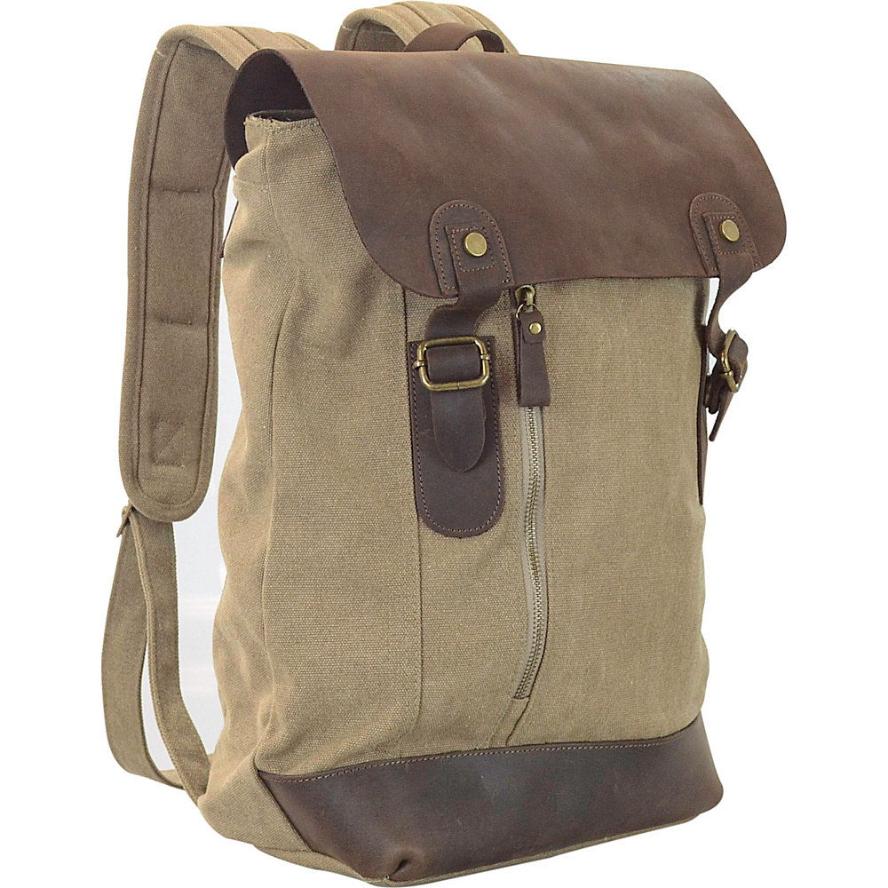 R R Collections Canvas Backpack Bag With Leather On Flap Khaki R R Collections Everyday Backpacks