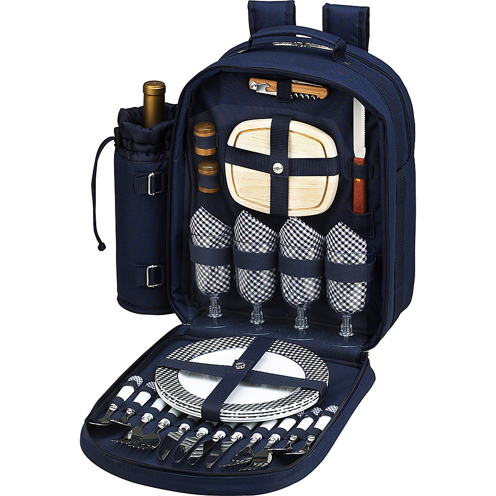 Picnic at Ascot Deluxe Equipped 4 Person Picnic Backpack with Cooler Insulated Wine Holder Navy White with Gingham Picnic at Ascot Outdoor Coolers