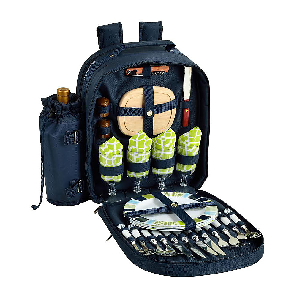 Picnic at Ascot Deluxe Equipped 4 Person Picnic Backpack with Cooler Insulated Wine Holder Navy White with Trellis Green Picnic at Ascot Outdoor Coolers