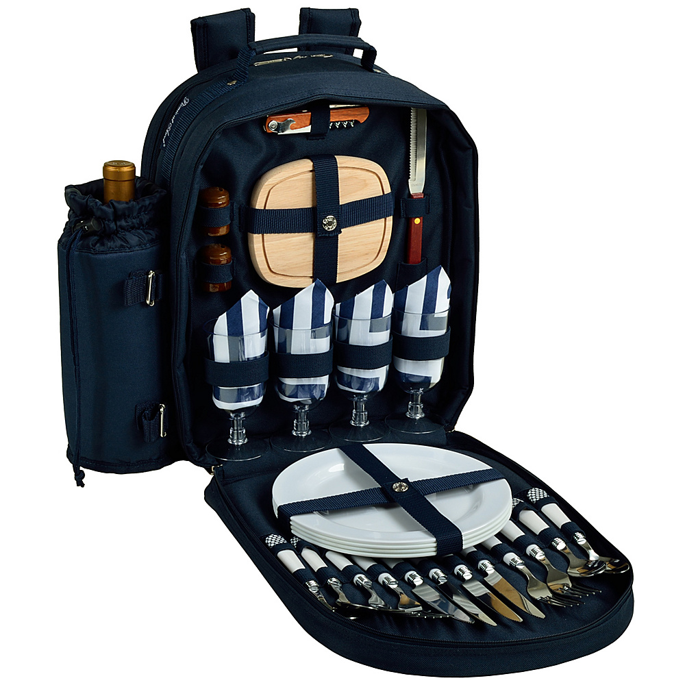 Picnic at Ascot Deluxe Equipped 4 Person Picnic Backpack with Cooler Insulated Wine Holder Navy White with Chevron Picnic at Ascot Outdoor Coolers
