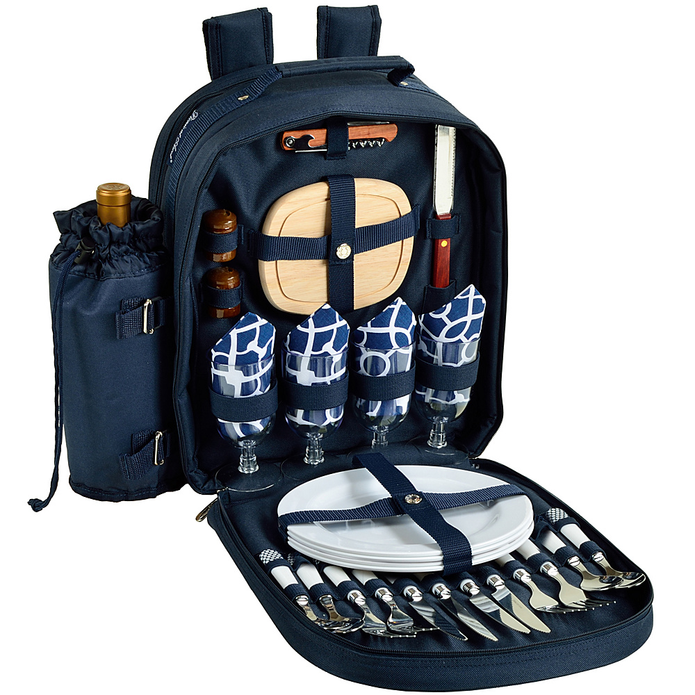 Picnic at Ascot Deluxe Equipped 4 Person Picnic Backpack with Cooler Insulated Wine Holder Navy White with Trellis Blue Picnic at Ascot Outdoor Coolers