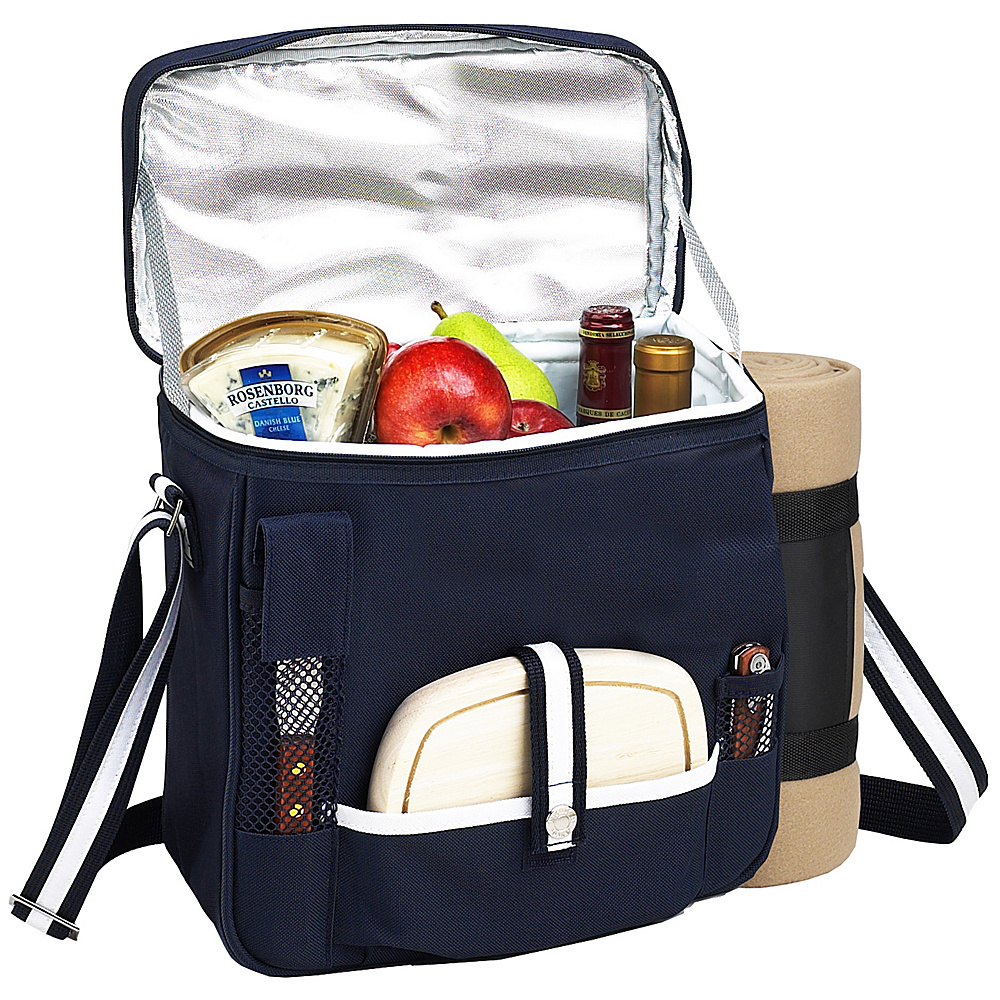 Picnic at Ascot Wine and Cheese Picnic Basket Cooler with Accessories and Fleece Blanket Navy White Picnic at Ascot Outdoor Coolers