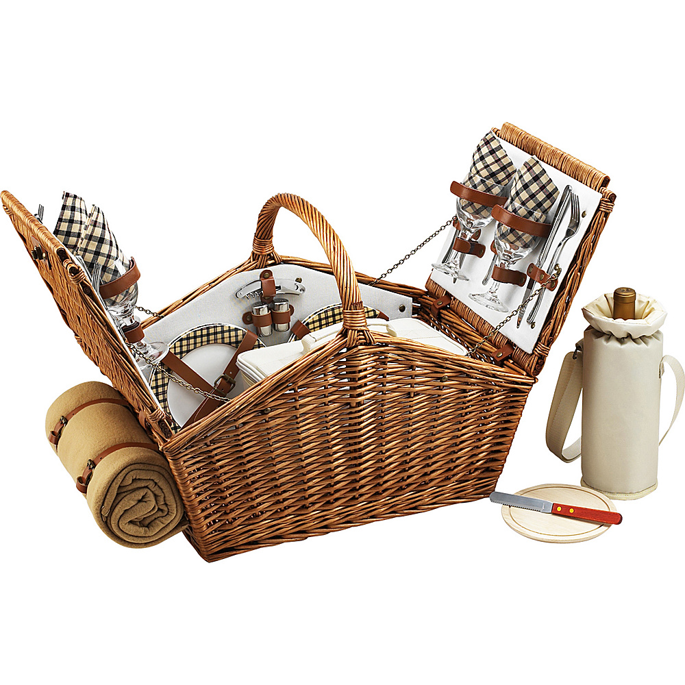 Picnic at Ascot Huntsman English Style Willow Picnic Basket with Service for 4 and Blanket Wicker w London Picnic at Ascot Outdoor Accessories