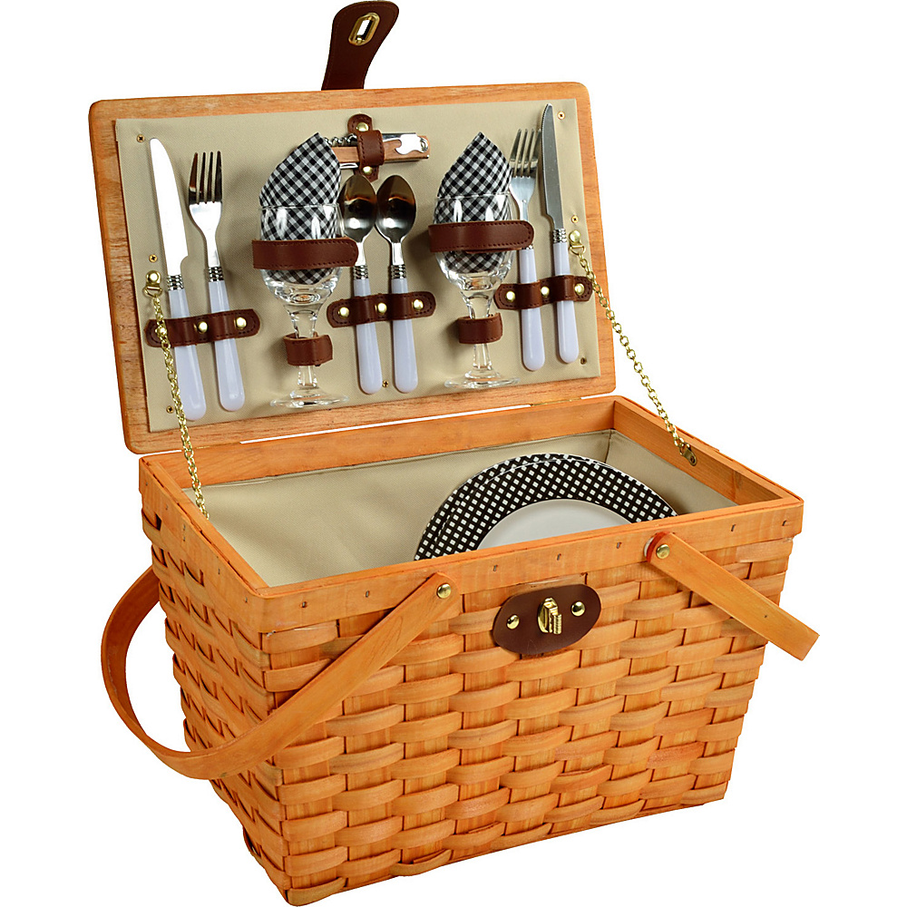Picnic at Ascot Frisco Traditional American Style Picnic Basket with Service for 2 Honey Black Gingham Picnic at Ascot Outdoor Accessories