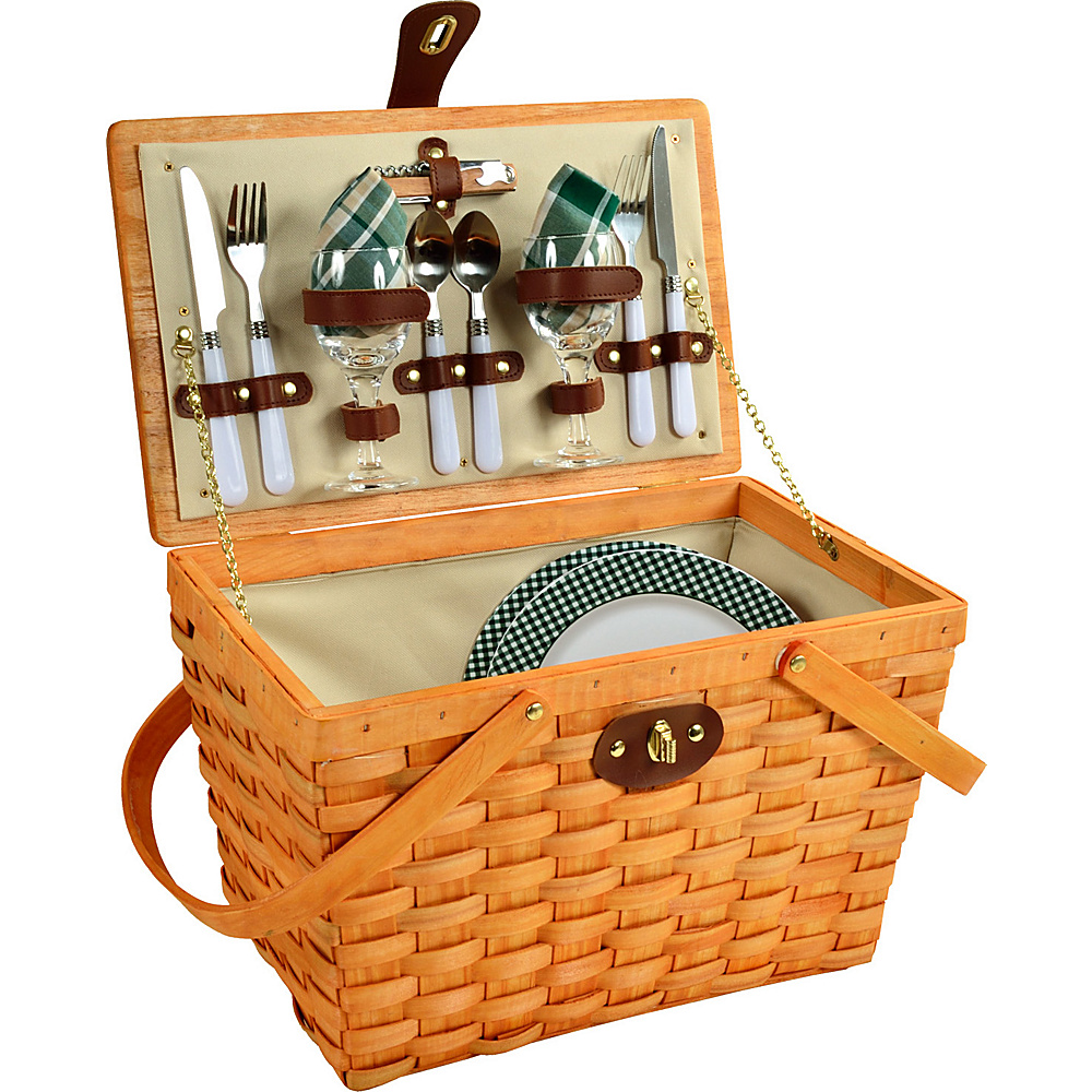 Picnic at Ascot Frisco Traditional American Style Picnic Basket with Service for 2 Honey Green Plaid Picnic at Ascot Outdoor Accessories