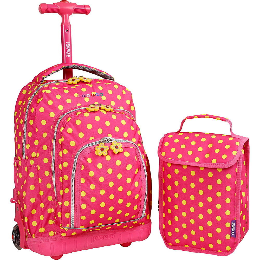 J World New York Lollipop Kids Rolling Backpack with Lunch Bag Kids ages 3 7 Pink Buttons J World New York Rolling Backpacks