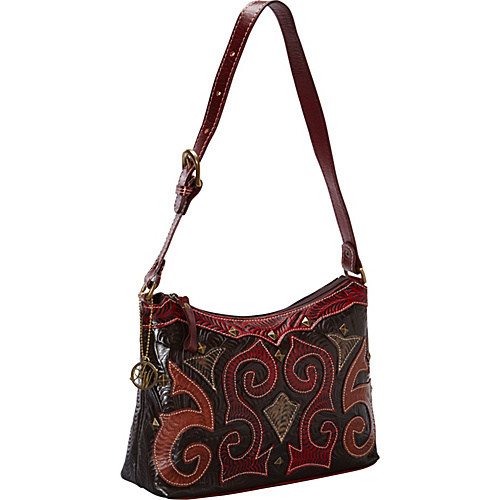 American West Casablanca Collection Zip-Top Shoulder Bag Chocolate Brown accented with distressed red, tan, - American West Leather Handbags