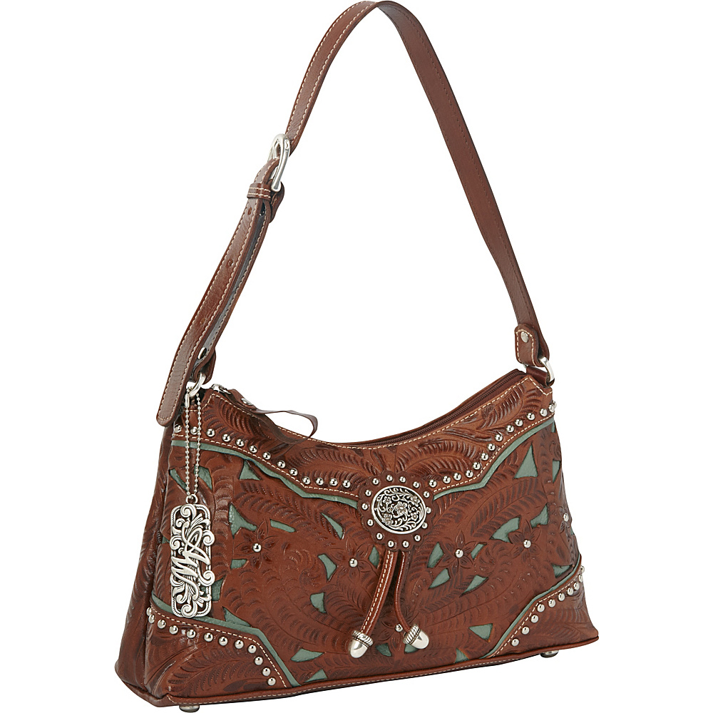 American West Lady Lace Zip top Shoulder Bag Antique Brown w turq accents American West Leather Handbags