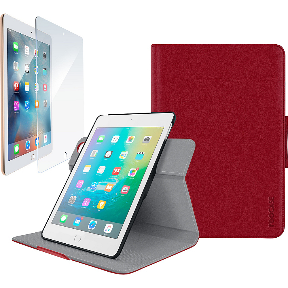 rooCASE Orb 360 Folio Case Cover Tempered Glass Screen Protector Bundle for iPad Mini 4 3 2 1 Red rooCASE Electronic Cases