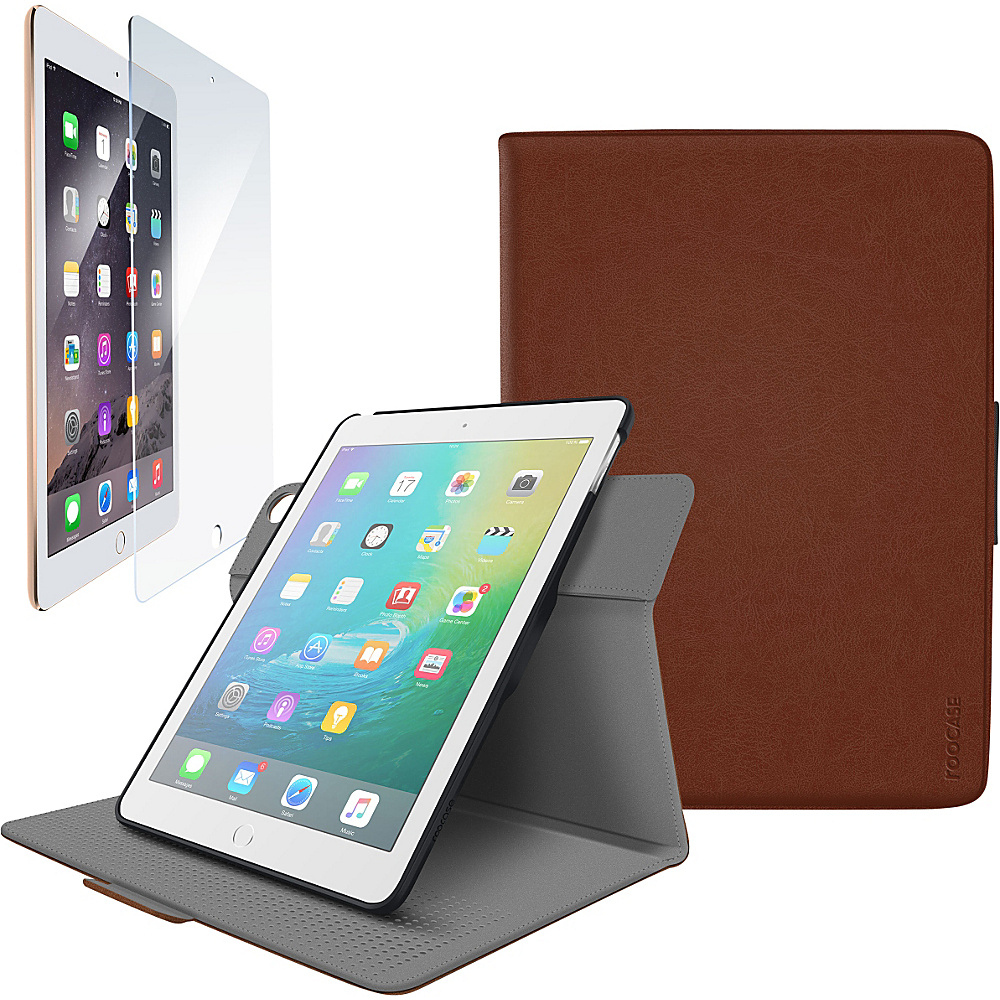 rooCASE Orb 360 Folio Shell Case Tempered Glass Screen Protector Bundle for iPad Air 2 1 Brown rooCASE Electronic Cases