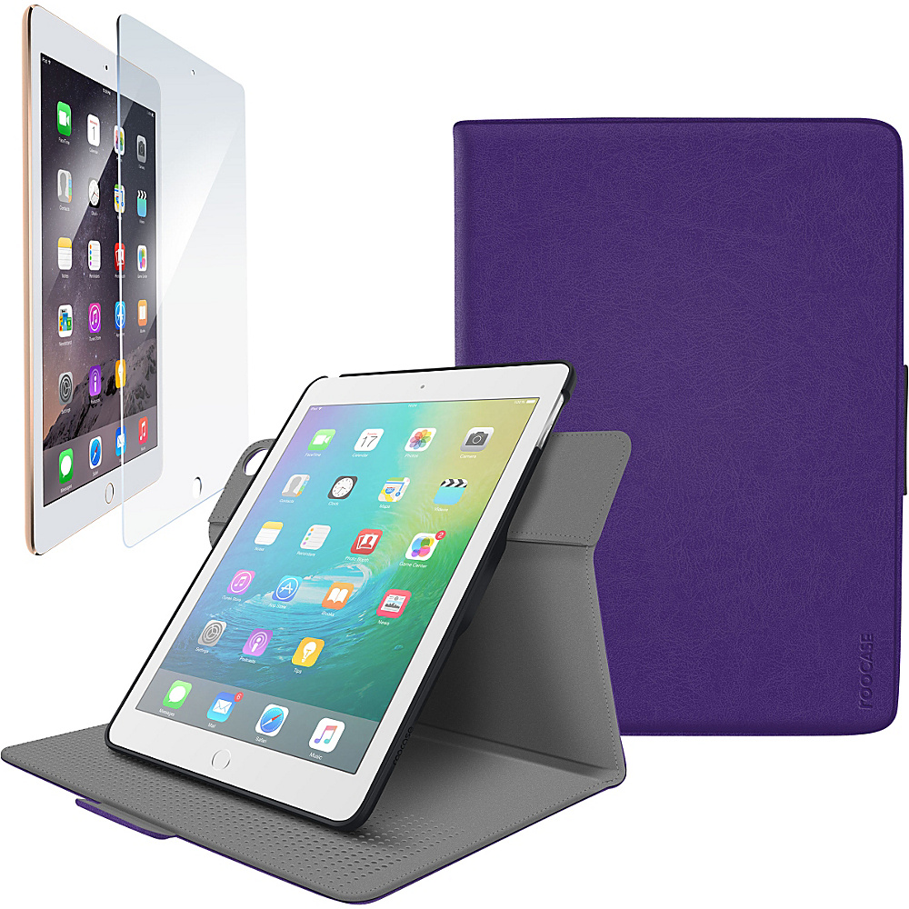 rooCASE Orb 360 Folio Shell Case Tempered Glass Screen Protector Bundle for iPad Air 2 1 Purple rooCASE Electronic Cases