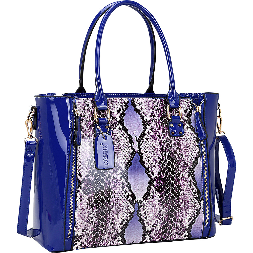 Dasein Patent Faux Leather Zipper Sides with Snakeskin Detail Satchel Royal Blue Dasein Manmade Handbags