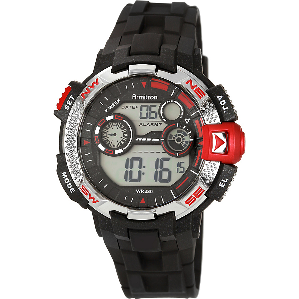 Armitron Sport Mens Metallic and Red Accented Black Resin Strap Digital Chronograph Watch Red Armitron Watches