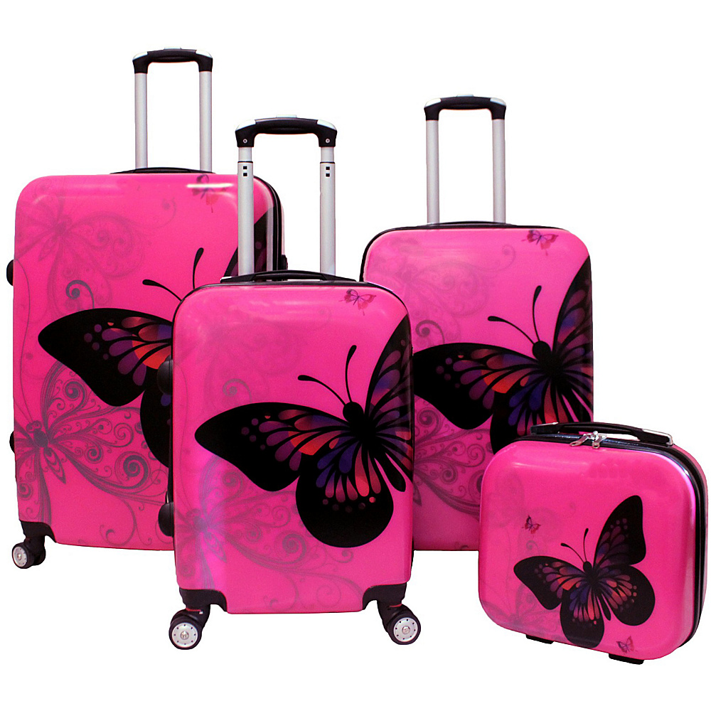 World Traveler 4 Piece Hardside Upright Spinner Luggage Set Pink Butterly World Traveler Luggage Sets