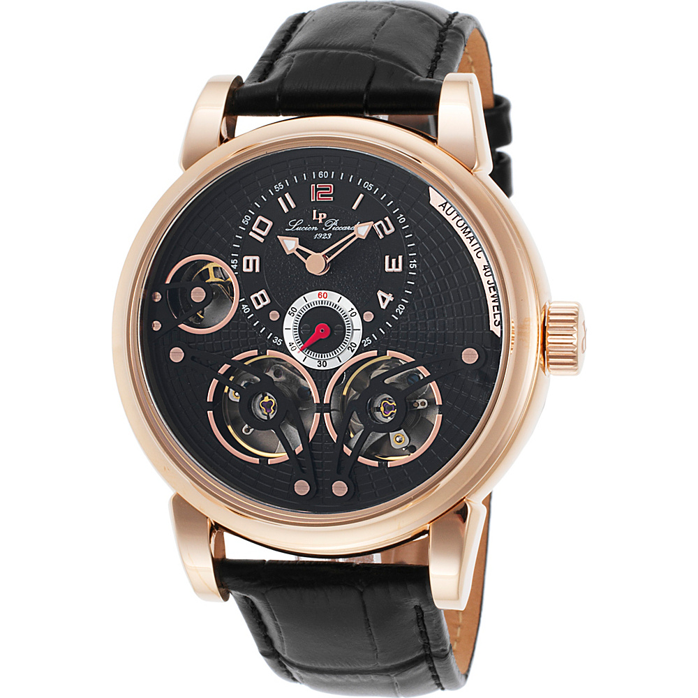 Lucien Piccard Watches Cosmos Automatic Leather Band Watch Black Black Rose Gold Lucien Piccard Watches Watches