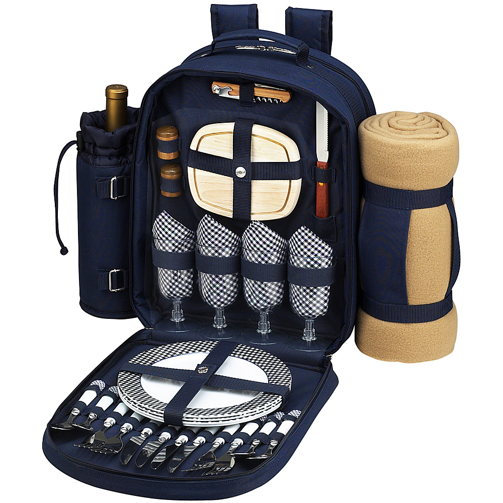 Picnic at Ascot Deluxe Equipped 4 Person Picnic Backpack with Cooler Insulated Wine Holder Blanket Navy White w Gingham Picnic at Ascot Outdoor Coolers