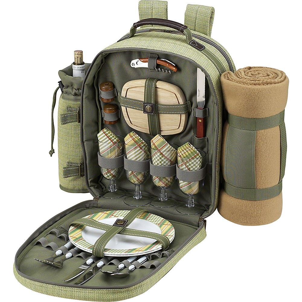 Picnic at Ascot Deluxe Equipped 4 Person Picnic Backpack with Cooler Insulated Wine Holder Blanket Olive Tweed Picnic at Ascot Outdoor Coolers