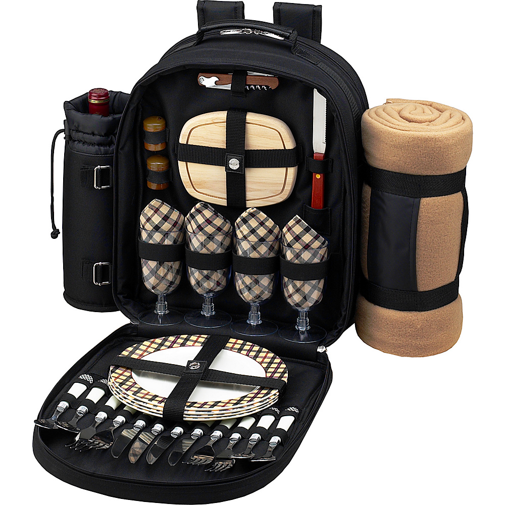 Picnic at Ascot Deluxe Equipped 4 Person Picnic Backpack with Cooler Insulated Wine Holder Blanket Black w London Plaid Picnic at Ascot Outdoor Coolers