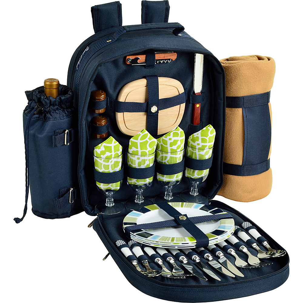 Picnic at Ascot Deluxe Equipped 4 Person Picnic Backpack with Cooler Insulated Wine Holder Blanket Navy White with Trellis Green Picnic at Ascot Outdoor Coolers