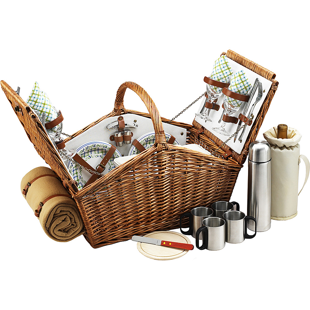Picnic at Ascot Huntsman English Style Willow Picnic Basket with Service for 4 Coffee Set and Blanket Wicker w Gazebo Picnic at Ascot Outdoor Accessories