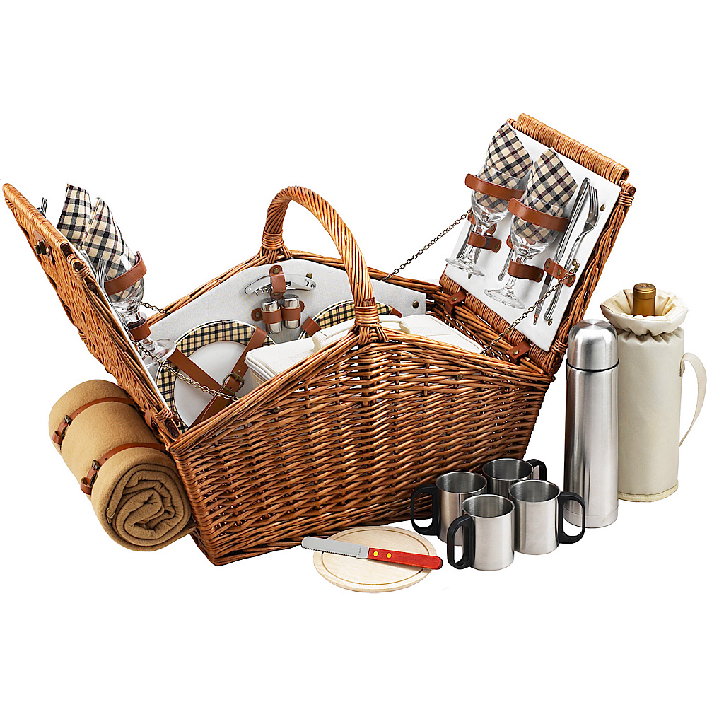 Picnic at Ascot Huntsman English Style Willow Picnic Basket with Service for 4 Coffee Set and Blanket Wicker w London Picnic at Ascot Outdoor Accessories