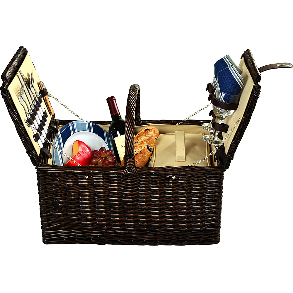 Picnic at Ascot Surrey Willow Picnic Basket with Service for 2 Brown Wicker Blue Stripe Picnic at Ascot Outdoor Accessories