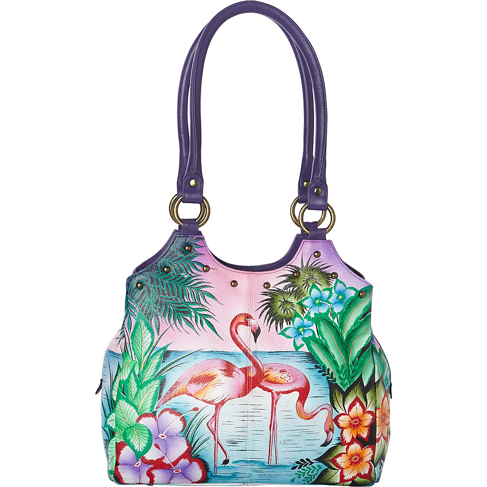 ANNA by Anuschka Hand Painted Triple Compartment Medium Satchel Tropical Flamingo - ANNA by Anuschka Leather Handbags