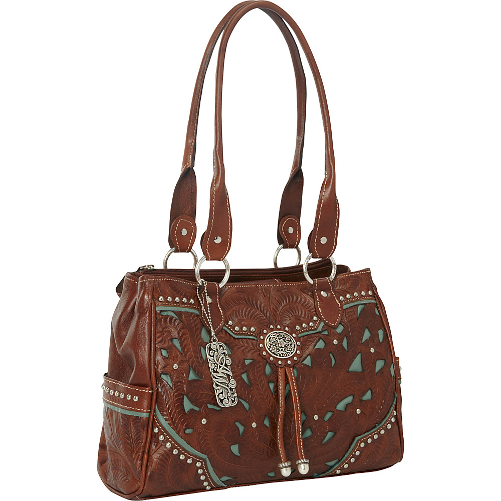 American West Lady Lace Multi Compartment Organizer Tote Antique Brown w turq accents American West Leather Handbags