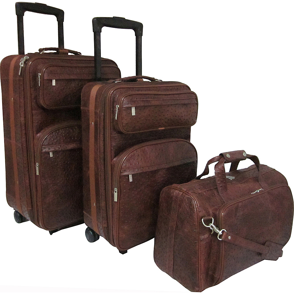 AmeriLeather Leather Three Piece Set Traveler Brown Ostrich Print AmeriLeather Luggage Sets