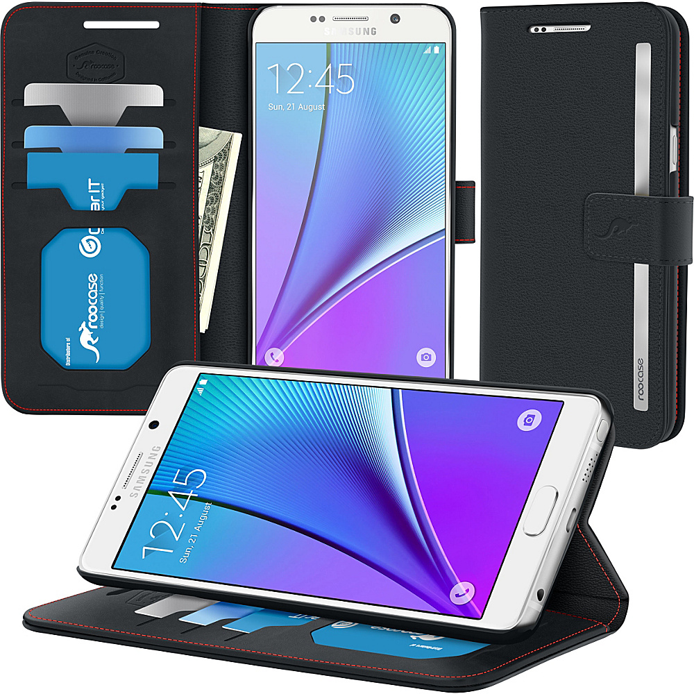 rooCASE Samsung Galaxy Note5 Case Prestige Folio Cover Black rooCASE Personal Electronic Cases