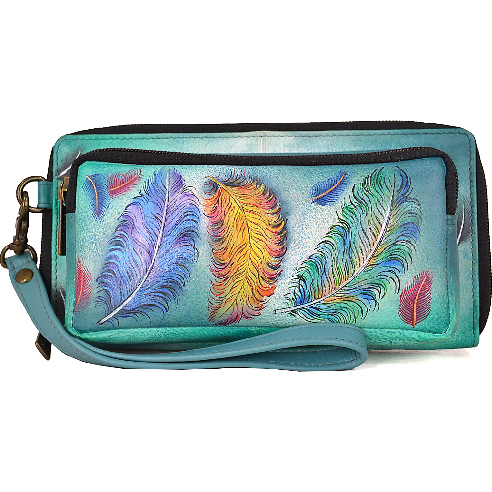 Anuschka Hand Painted Leather Zip Around Clutch Wallet with RFID Blocking Floating Feathers Anuschka Women s Wallets