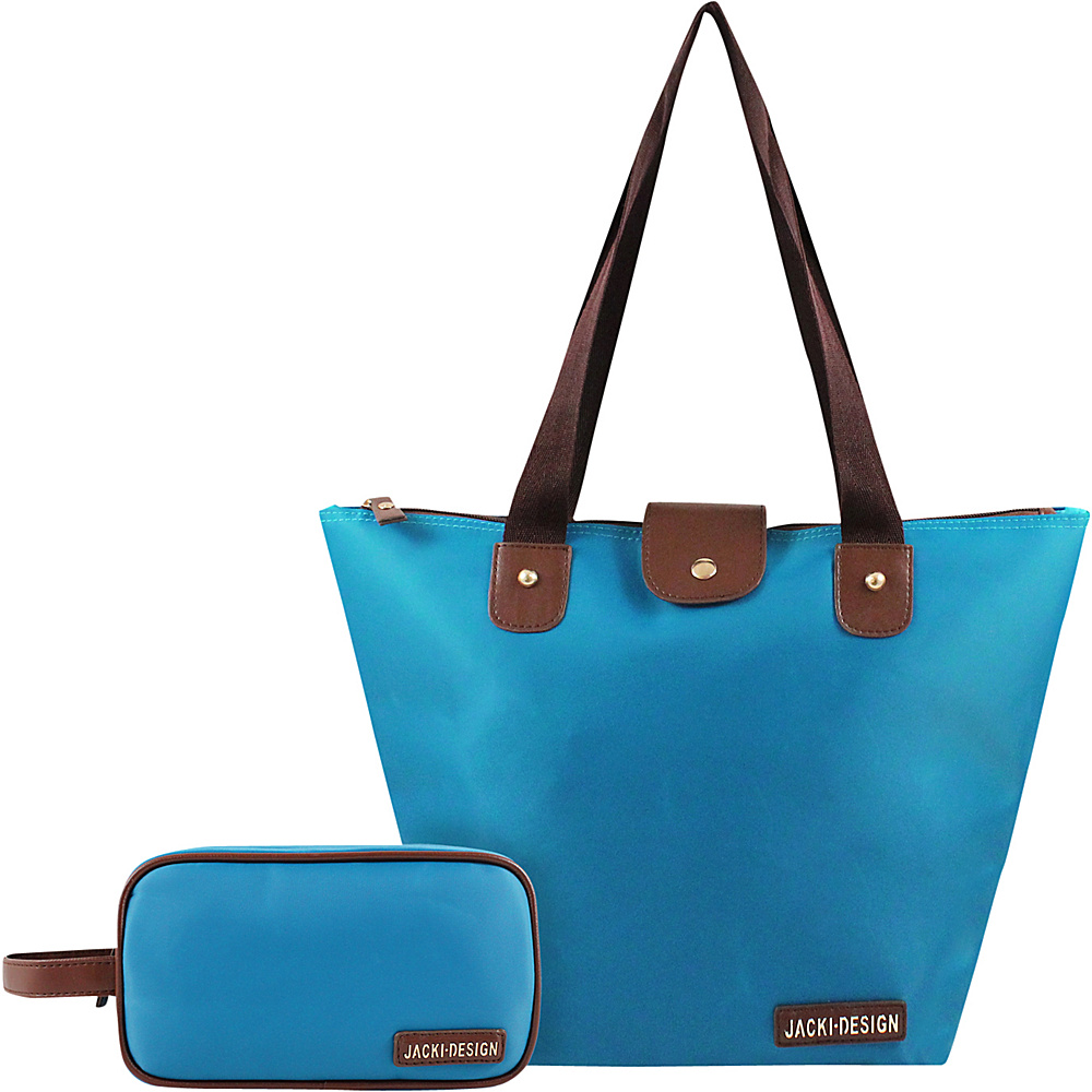 Jacki Design 2 Piece Foldable Tote and Toiletry Bag Set Blue Jacki Design Fabric Handbags