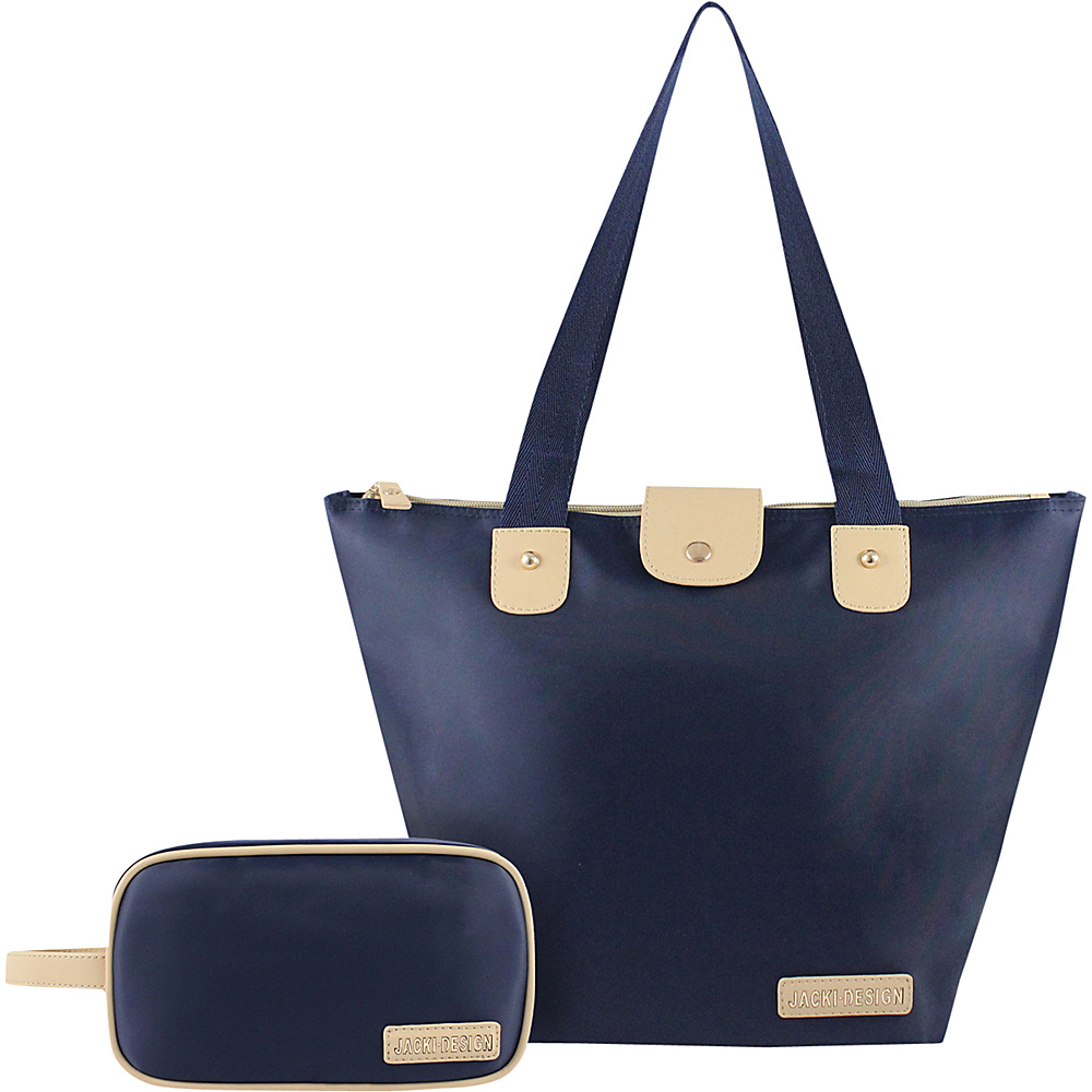Jacki Design 2 Piece Foldable Tote and Toiletry Bag Set Dark Blue Jacki Design Fabric Handbags
