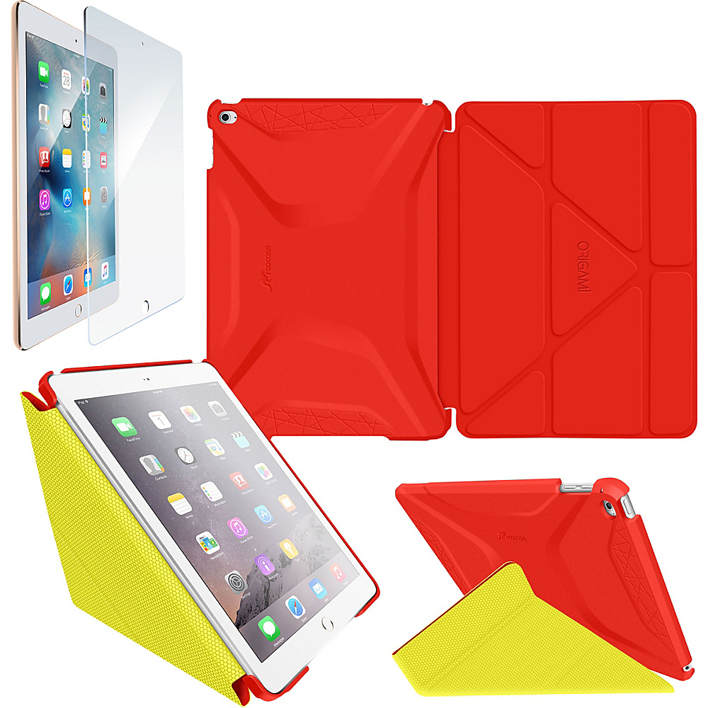 rooCASE Origami 3D Case Tempered Glass Screen Protector Bundle for iPad Air 2 Testarossa Red Tangerine Yellow rooCASE Electronic Cases