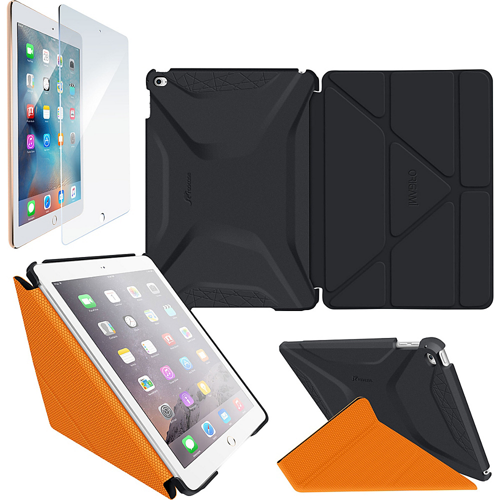 rooCASE Origami 3D Case Tempered Glass Screen Protector Bundle for iPad Air 2 Granite Black roocase Orange rooCASE Electronic Cases