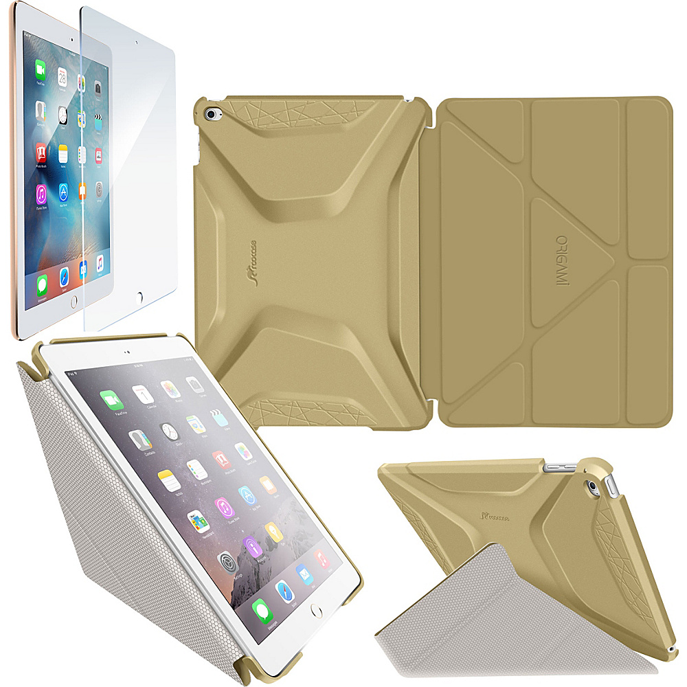 rooCASE Origami 3D Case Tempered Glass Screen Protector Bundle for iPad Air 2 Gold Cool Gray rooCASE Electronic Cases