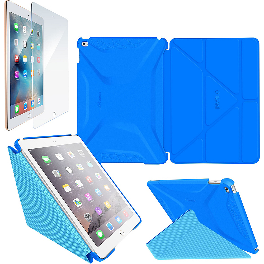 rooCASE Origami 3D Case Tempered Glass Screen Protector Bundle for iPad Air 2 Pacific Blue Barbados Blue rooCASE Electronic Cases