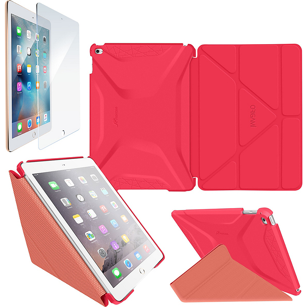 rooCASE Origami 3D Case Tempered Glass Screen Protector Bundle for iPad Air 2 Persian Rose Ruddy Pink rooCASE Electronic Cases